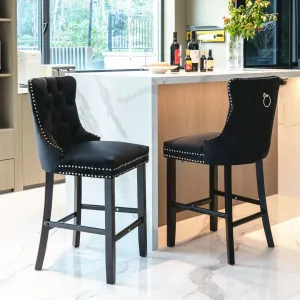 Velvet Bar Stools Counter Stools Set Of 2 With Studs Trim Wooden Legs Black