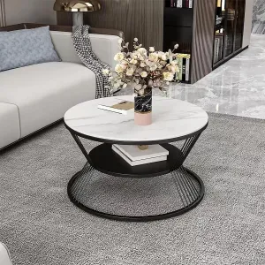 Welltrade Shoppee Modern Marble Round Coffee Table Double -Layer 2 Tier Sofa Center Table Modest Luxury Tea Coffee Table Perfect for Living Room Gold Metal Frame (Black & White)