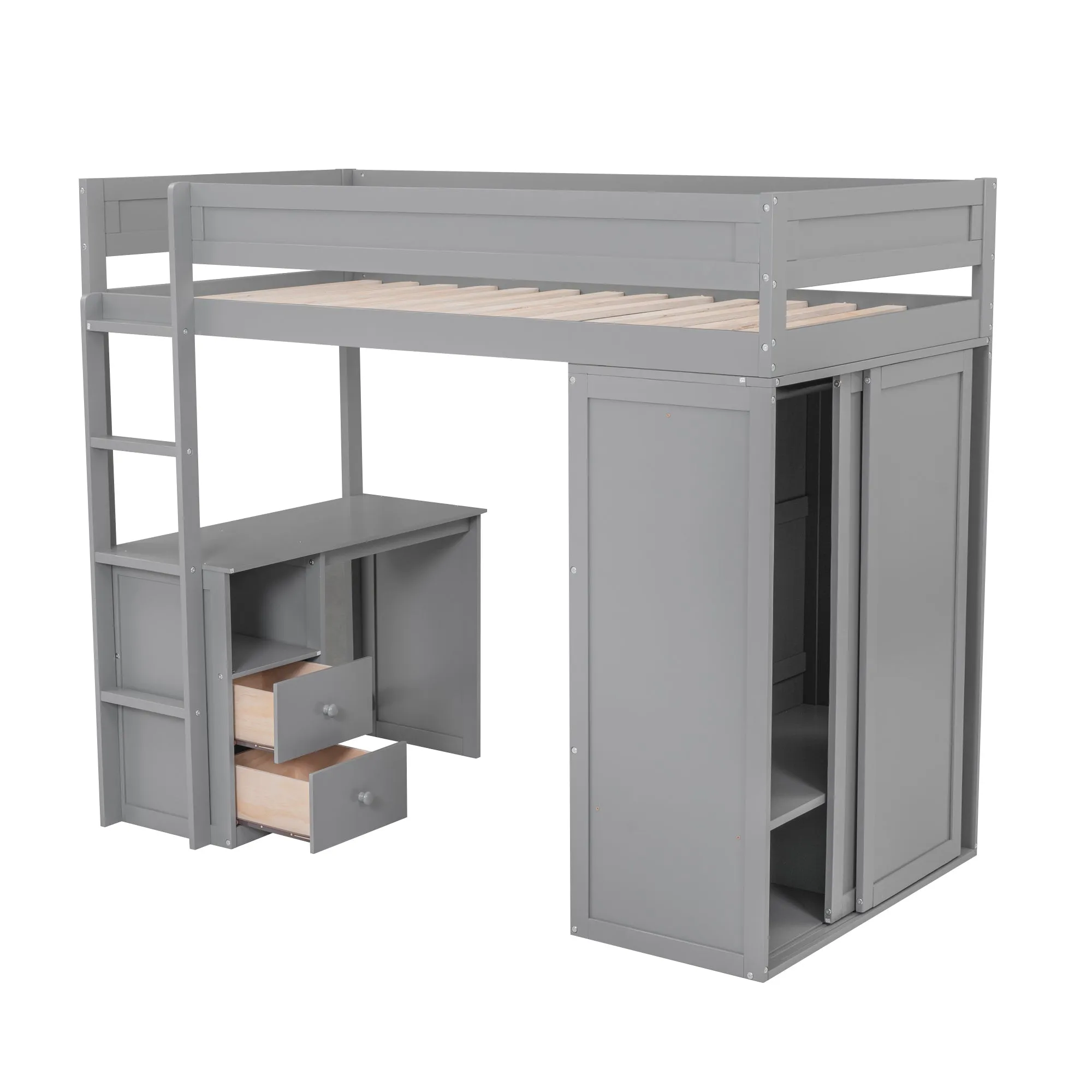 Wood Twin Size Loft Bed with Wardrobes and 2-Drawer Desk with Cabinet, Gray