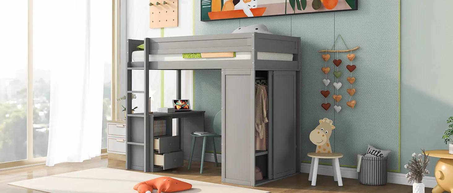 Wood Twin Size Loft Bed with Wardrobes and 2-Drawer Desk with Cabinet, Gray