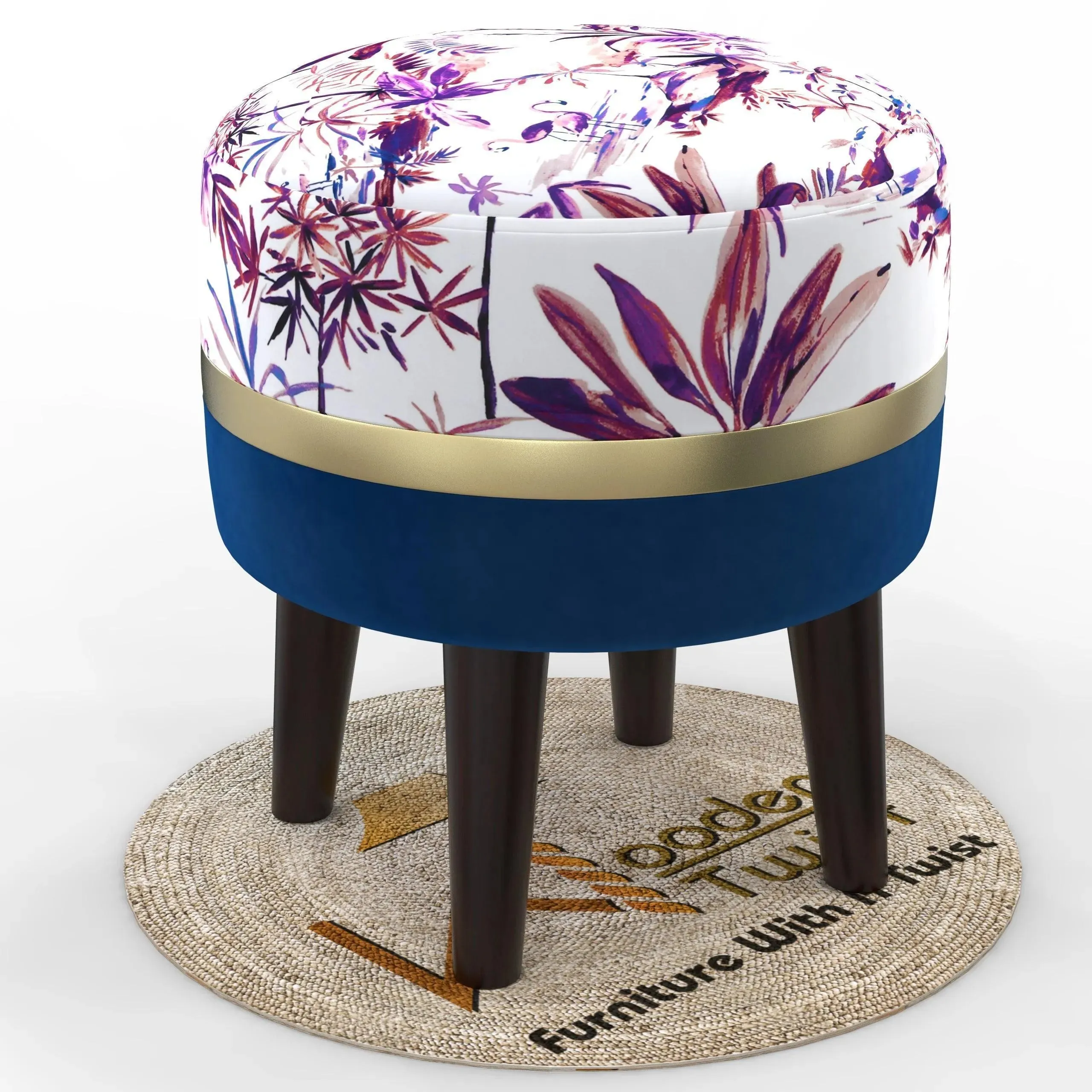 Wooden Twist Blush Puffy Ottoman Stool For Living Room ( Purple & Blue )