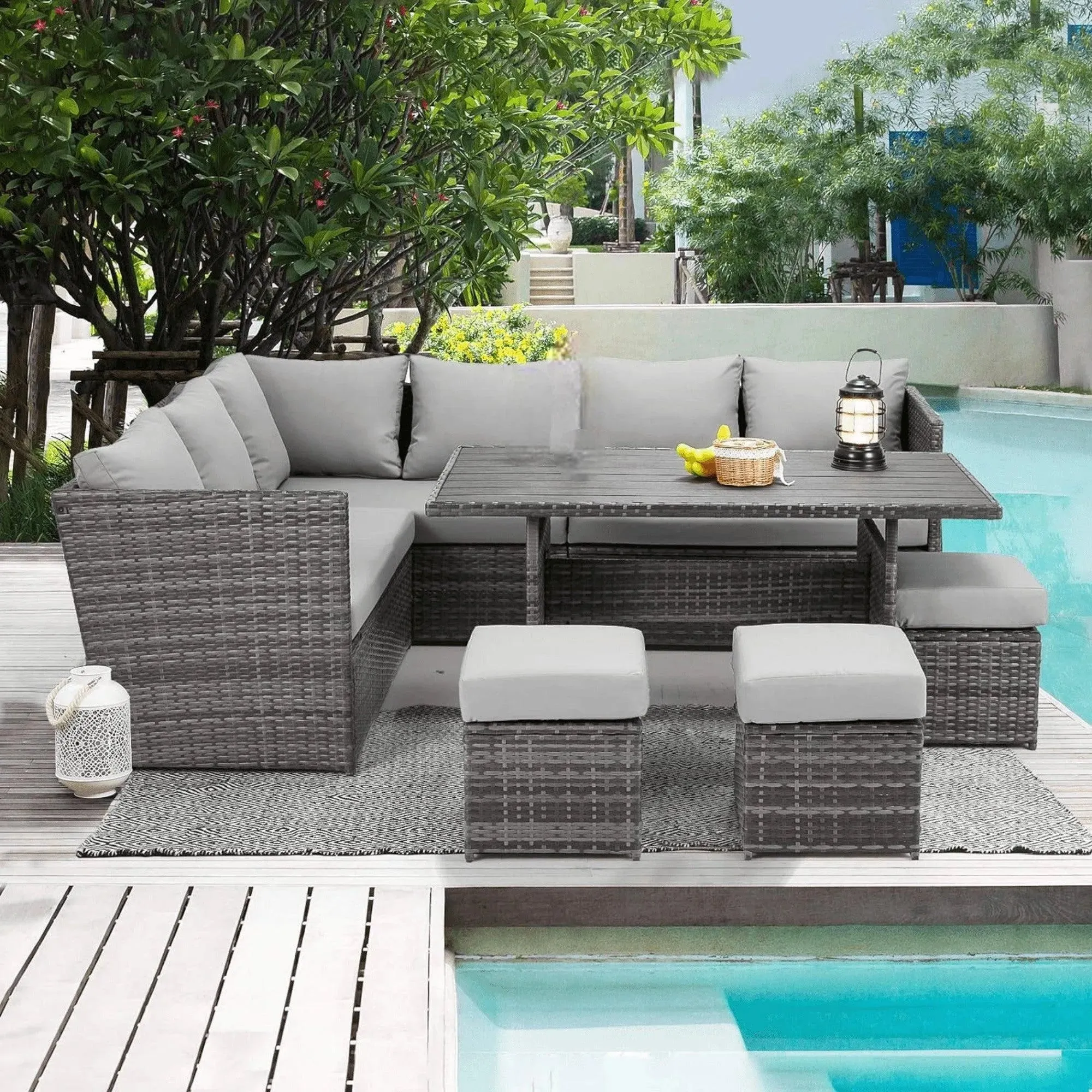 Wooden Twist Portico Modular Design Weather Resistant Wicker Conversation Rattan & Steel 7 Pieces Outdoor Furniture Set With Seven Cushions