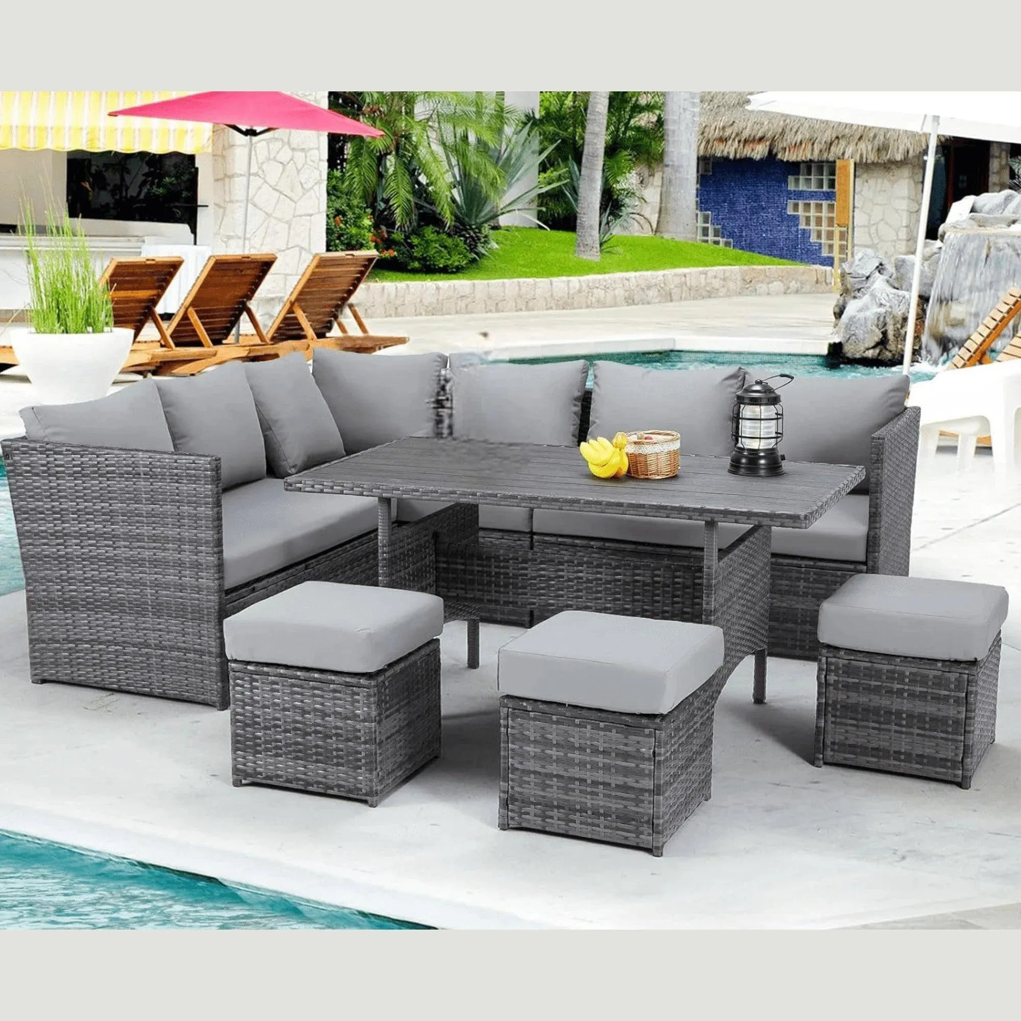 Wooden Twist Portico Modular Design Weather Resistant Wicker Conversation Rattan & Steel 7 Pieces Outdoor Furniture Set With Seven Cushions