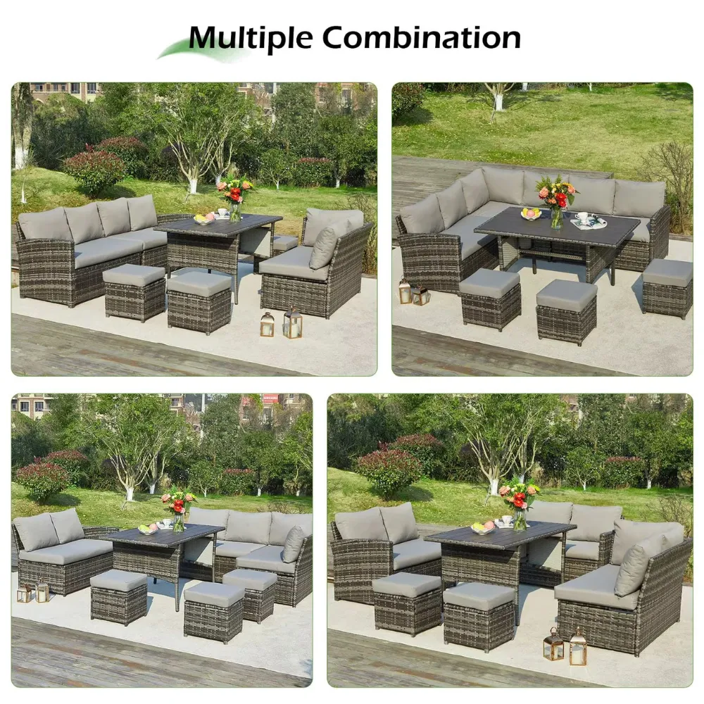 Wooden Twist Portico Modular Design Weather Resistant Wicker Conversation Rattan & Steel 7 Pieces Outdoor Furniture Set With Seven Cushions