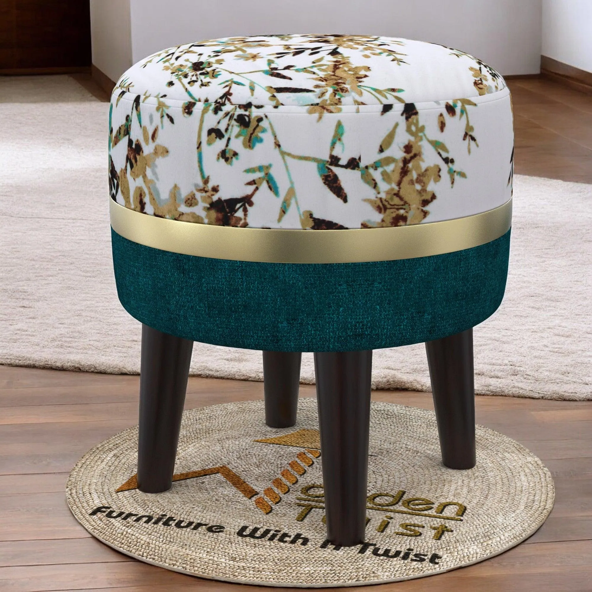 Wooden Twist Relish Puffy Ottoman Stool For Living Room ( Mustard & Green )